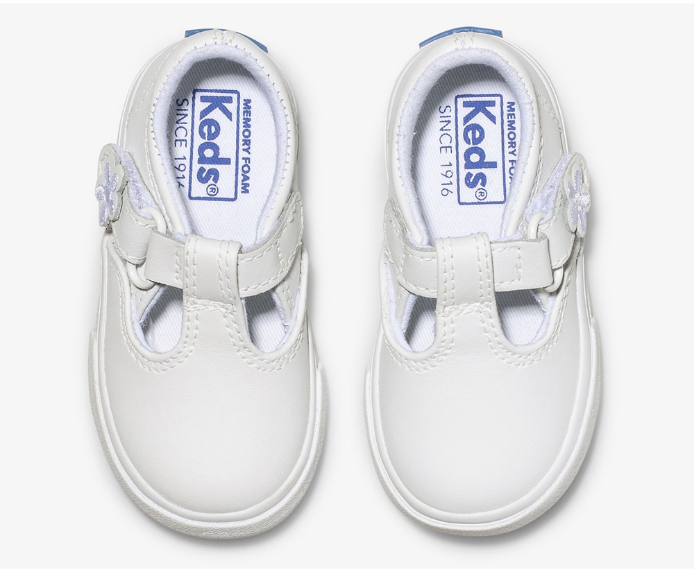 Slip Ons Keds Enfant Blanche - Daphne T-Strap Cuir - 483-VRQFSJ